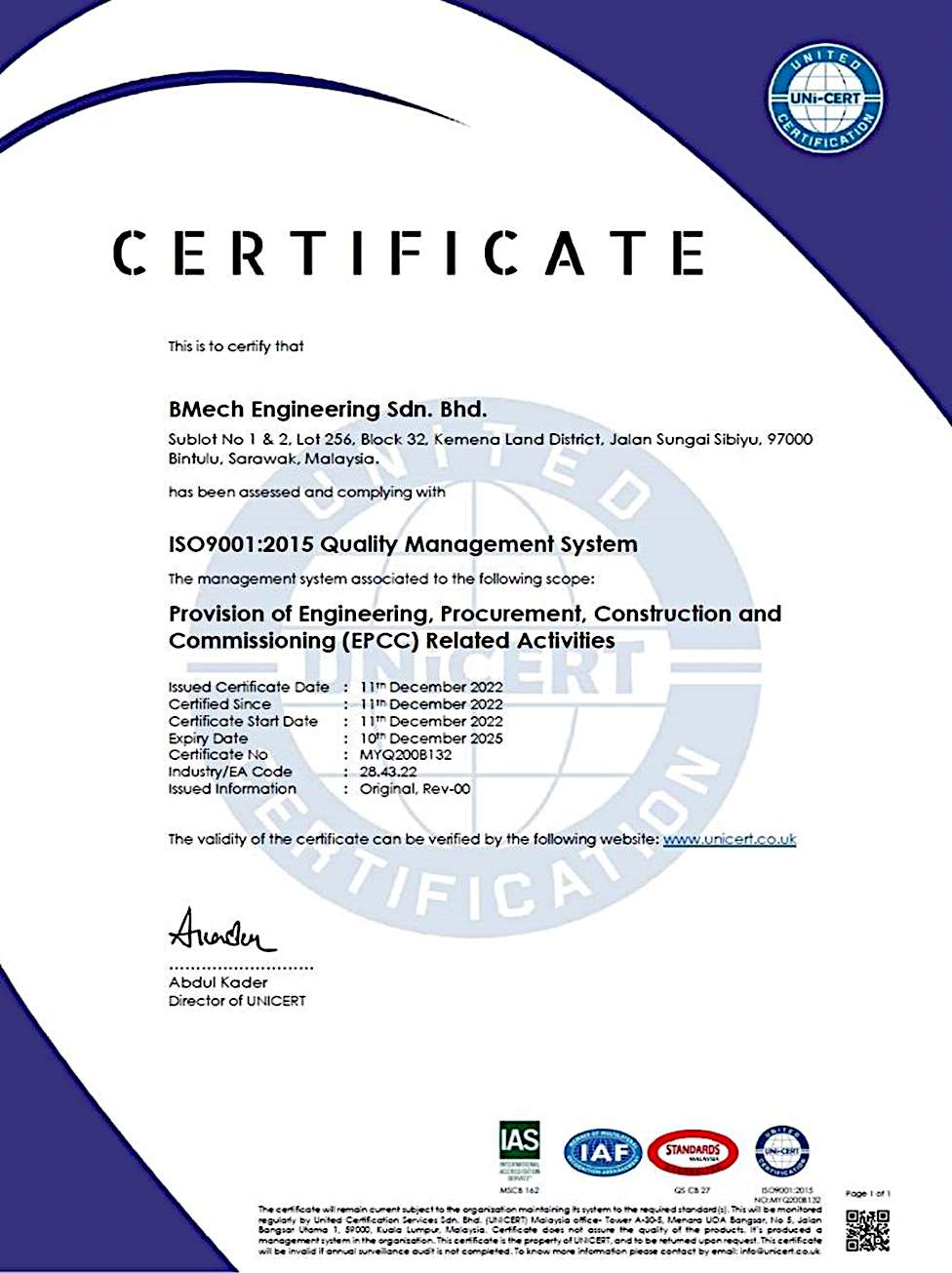 BMECH Engineering - Company Key Registration Certificates