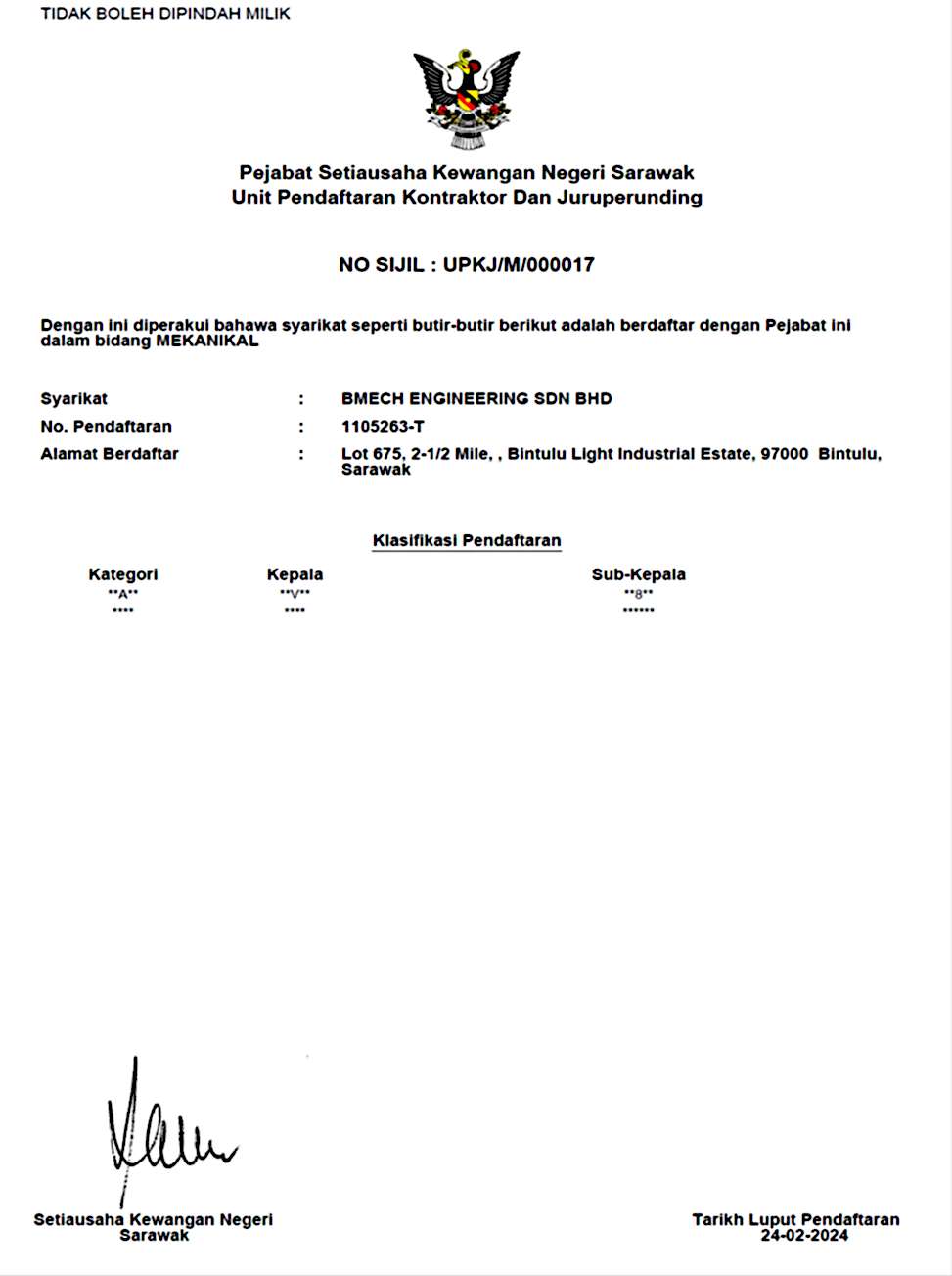 BMECH Engineering - Company Key Registration Certificates
